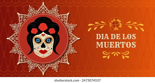 Día de los Muertos. La Calavera Catrina. Tarjeta mexicana colorida, cartel, Anuncio con cráneo.