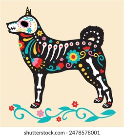 Day of the Dead, Dia de los muertos, animal skull and skeleton decorated with colorful Mexican elements and flowers. Dog skeleton.  Fiesta, Halloween, holiday poster, party. Vector illustration