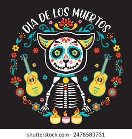 Day of the Dead, Dia de los muertos, animal skull and skeleton decorated with Mexican elements and flowers. Puppy skeleton. Cat skeleton. Poster or banner. Vector illustration