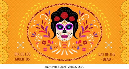 Der Tag der Toten, Dia de los Muertos. Die Calavera Catrina. Bunte mexikanische Karte, Poster, Banner mit Totenkopf.