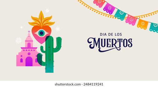 Day of the Dead, Dia de los Muertos, Mexican holiday. Poster, banner and card in modern geometrical style, with skulls, church, guitar and flowers. Vector illustration