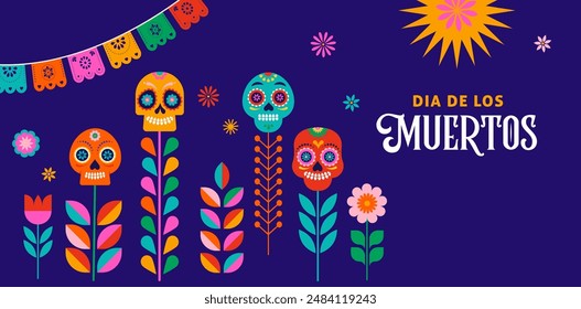 Day of the Dead, Dia de los Muertos, Mexican holiday. Poster, banner and card in modern geometrical style, with skulls, church, guitar and flowers. Vector illustration