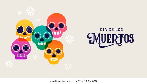 Tag der Toten, Dia de los Muertos, Mexikanischer Feiertag. Poster, Banner und Karte im modernen geometrischen Stil, mit Totenköpfen, Kirche, Gitarre und Blumen. Vektorillustration