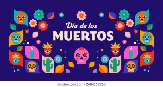 Day of the Dead, Dia de los Muertos, Mexican holiday. Poster, banner and card in modern geometrical style, with skulls, church, guitar and flowers. Vector illustration