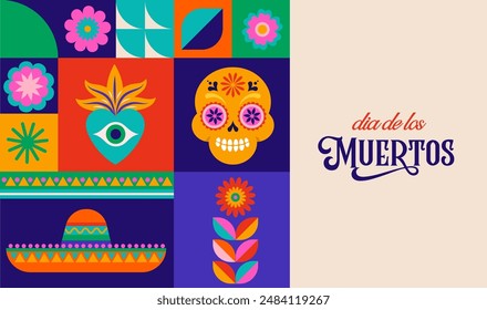 Day of the Dead, Dia de los Muertos, Mexican holiday. Poster, banner and card in modern geometrical style, with skulls, church, guitar and flowers. Vector illustration