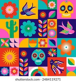 Day of the Dead, Dia de los Muertos, geometrical seamless pattern, icons for Mexican holiday. Vector poster, banner and card in modern geometrical style, with skulls, church, guitar and flowers