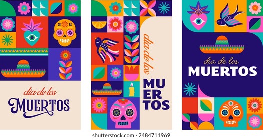 Tag der Toten, Dia de los Muertos, Mexikanischer Feiertag. Poster, Banner und Karte im modernen geometrischen Stil, mit Totenköpfen, Kirche, Gitarre und Blumen. Vektorillustration