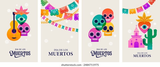 Day of the Dead, Dia de los Muertos, Mexican holiday. Poster, banner and card in modern geometrical style, with skulls, church, guitar and flowers. Vector illustration