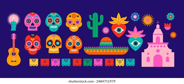 Day of the Dead, Dia de los Muertos, Collection of elements, icons for Mexican holiday. Vector poster, banner and card in modern geometrical style, with skulls, church, guitar and flowers. Vector