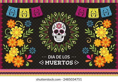 Day of the Dead, Dia de los Muertos. Colorful Mexican card, poster, banner with skull and flowers.