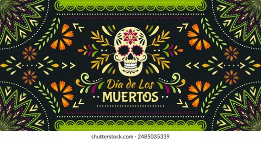 Day of the Dead, Dia de los Muertos. Colorful Mexican card, poster, banner with skull and flowers.