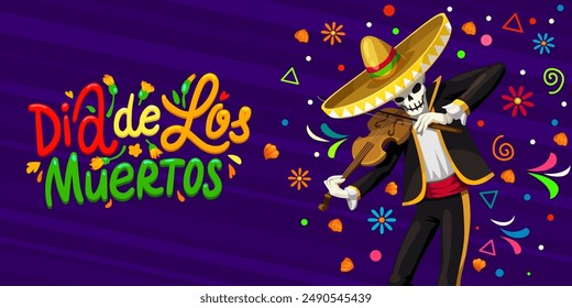 Day of the dead dia de los muertos mexican holiday banner. Mariachi skeleton musician character. Vector greeting card with dead artist wear traditional latino costume, and sombrero hat playing violin