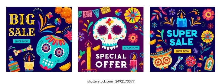 Day of the Dead Dia De Los Muertos mexican holiday sale banners with marigold flowers and skulls. Special offer vector shopping flyers set with cartoon calavera skulls, tequila, candles, papel picado