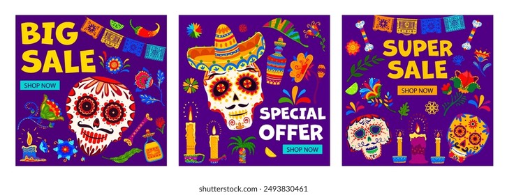 Day of the Dead Dia De Los Muertos mexican holiday big sale, special offer banners set. Vector sugar skull, Mexico Halloween candles, papel picado flags and sombrero, bright color flowers and peppers