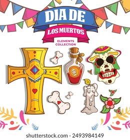 día de los muertos o día de los muertos Elementos diseño de Vector en estilo de ilustración de dibujos animados