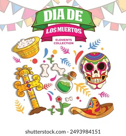 día de los muertos o día de los muertos Elementos diseño de Vector en estilo de ilustración de dibujos animados