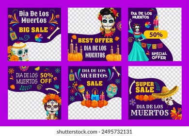 Day of the Dead Dia De Los Muertos mexican holiday big sale and special offer banners templates. Vector Mexico Halloween skulls, marigolds, candles, sombrero, tequila, maracas and papel picado flags