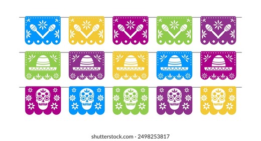 Day of the Dead. Dia de los muetros. Papel picado mexican holiday flags.Traditional Mexico decoration on white background.