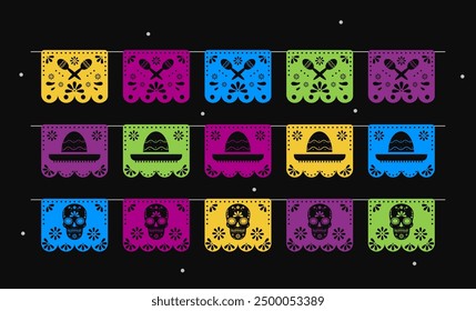 Day of the Dead. Dia de los muetros. Papel picado mexican holiday flags. Traditional Mexico decoration on black background.