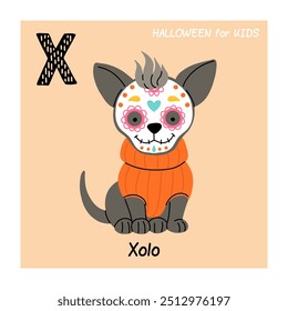 Day of the Dead, Dia de los muertos, dog skull and skeleton decorated with colorful Mexican elements and flowers. Mexican xolo dog for halloween