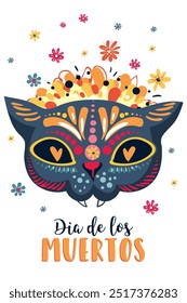 Day of the Dead, Dia de los muertos, cat skull and skeleton decorated with colorful Mexican elements and flowers.