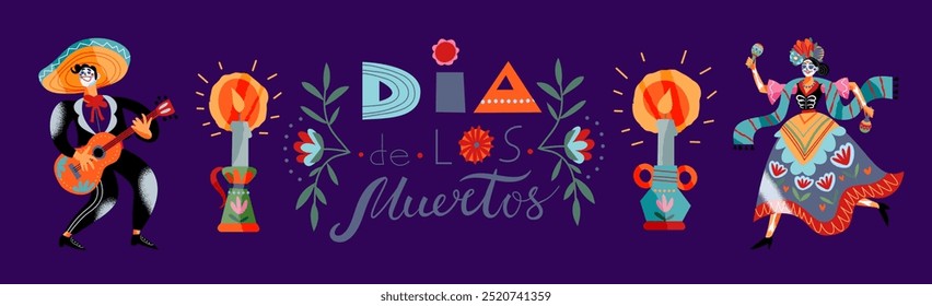 Day of dead. Dia de los muertos. Mexican flower pattern with holiday title, candles and dancing man and woman. Colorful cartoon vector illustration isolated on blue.