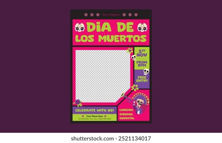 Day of the Dead Dia De Los Muertos mexican holiday party flyer, vector Mexico Halloween