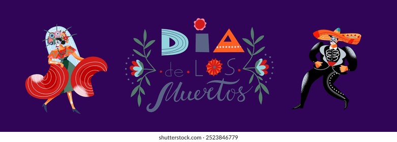 Day of dead. Dia de los muertos. Mexican flower pattern with holiday title and dancing man and woman. Colorful cartoon vector illustration isolated on blue.