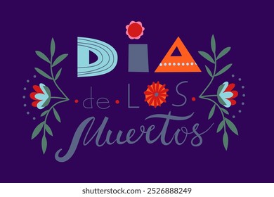 Day of dead. Dia de los muertos. Mexican famous holiday festival celebration background. Mexico flower pattern with holiday title. Colorful cartoon vector illustration isolated on blue.