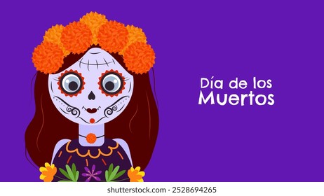 Day of Dead. Dia De Los Muertos. Traditional Mexican holiday honoring the souls of the deceased. Girl with wreath of marigold flowers. Design postcard banner. Vector.