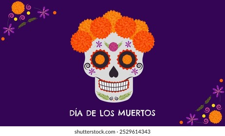 Tag der Toten. Dia De Los Muertos. Traditioneller mexikanischer Feiertag, der die Seelen der Verstorbenen ehrt. Mit Ringelblumen verzierter Zuckerschädel. Postkartenbanner entwerfen. Vektor.