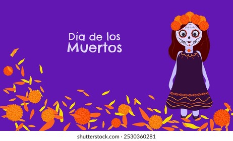 Day of Dead. Dia De Los Muertos. Traditional Mexican holiday honoring the souls of the deceased. Girl and path of marigolds. Design postcard banner. Vector.