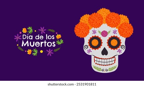 Day of Dead. Dia De Los Muertos. Traditional Mexican holiday honoring the souls of the deceased. Sugar skulls calaveras marigold flowers bones. Design postcard banner. Vector.