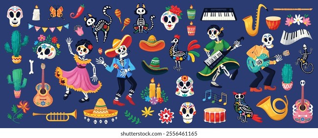 Day of Dead, Dia de los muertos, flat vector illustrations set in mexican traditional clothes.