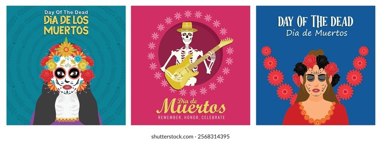 Day of the dead Dia de los Muertos. Human skull wearing sombrero hat and playing guitar. Mexican holiday commemorating the dead. Day of the Dead concept. Set flat vector illustration.