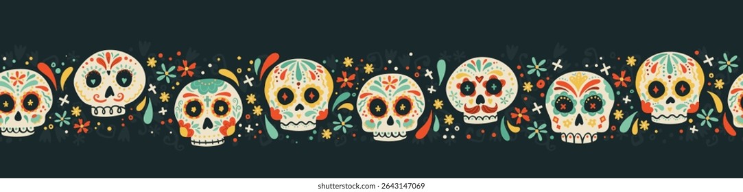 Day of the dead, Dia de los muertos background and seamless pattern, hand drawn with decoration and flowers, great for textiles, banners, wallpapers, wrapping - vector design