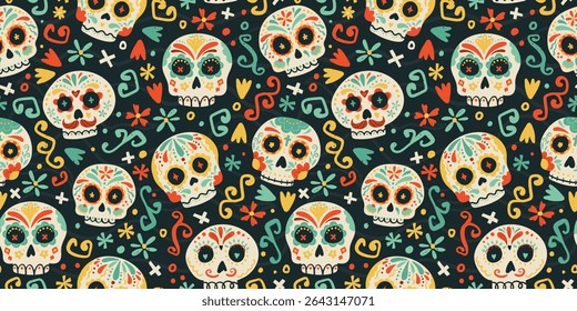 Day of the dead, Dia de los muertos background and seamless pattern, hand drawn with decoration and flowers, great for textiles, banners, wallpapers, wrapping - vector design