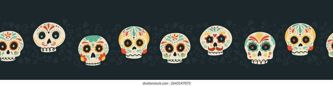 Day of the dead, Dia de los muertos background and seamless pattern, hand drawn with decoration and flowers, great for textiles, banners, wallpapers, wrapping - vector design