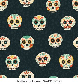 Day of the dead, Dia de los muertos background and seamless pattern, hand drawn with decoration and flowers, great for textiles, banners, wallpapers, wrapping - vector design