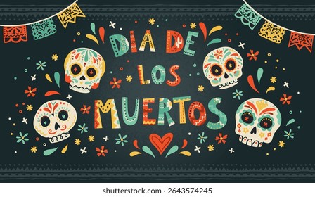 Day of the dead, Dia de los muertos design, hand drawn with decoration and flowers, great for banners, wallpapers, cards - vector design