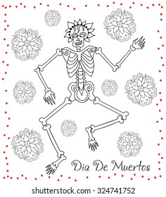 Day of the dead (Dia de los muertos) doodle set. Eps10. Hand drawn doodles, mexican skeleton and flowers set isolated on white background. Mexico Coloring book