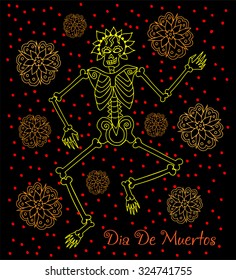 Day of the dead (Dia de los muertos) doodle set. Eps10. Hand drawn doodles, mexican skeleton and flowers set isolated on black background. Neon vintage illustration