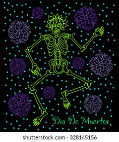 Day of the dead (Dia de los muertos) doodle set. Eps10. Hand drawn doodles, Mexican skeleton and flowers set isolated on black background. Neon vintage illustration