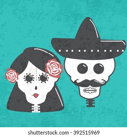 Day of the Dead (Dia de los Muertos). The skeleton wife and husband vector illustration. Mexico set with mexican family skulls on wedding  
