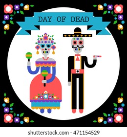 Day the Dead (Dia de los Muertos)  Vector Illustration couple skeletons