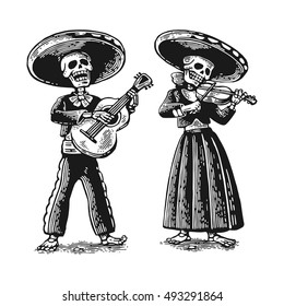 Day of the Dead, Dia de los Muertos. The skeleton in the Mexican national costumes sing and play the guitar, violin. Vector hand drawn vintage engraving for poster, label. Isolated on white background