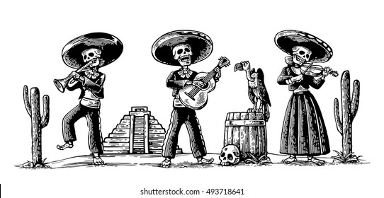 Day of the Dead Dia de los Muertos. The skeleton in the Mexican national costumes dance, sing, play the guitar, violin, trumpet. Griffin on barrel with skull, cactus. Vector vintage engraving isolated