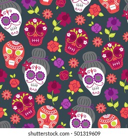  Day of the dead (Dia de los muertos) pattern with flowers and sculls on dark background. Perfect for wallpaper, gift paper, holiday decorations, mexican party