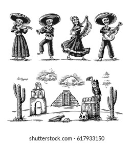 Day of the Dead, Dia de los Muertos. The skeleton in the Mexican national costumes dance, sing, play the guitar, violin, trumpet. Griffin on barrel with skull, cactus, cloud. Vector vintage engraving