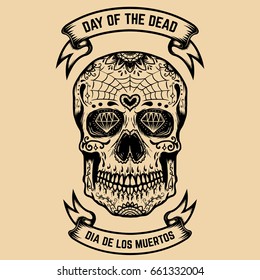 Day of the Dead. Dia de los Muertos. Sugar skull with floral pattern. Design element for poster, greeting card. Vector illustration